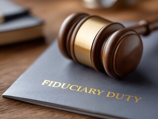 A judge's gavel resting on a file labeled "Fiduciary Duty" representing legal responsibility and trust in finance and corporate governance.