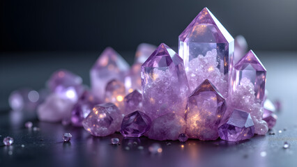 Fototapeta premium Glimmering mineral formations. Faceted structures illustrate silent, progressive elevation. Crystal, geology, abstract, texture.