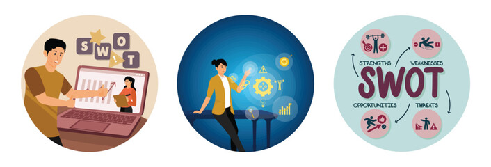 Collaborative SWOT Analysis. Businesswoman Interacting with Virtual SWOT. SWOT Analysis Conceptual.