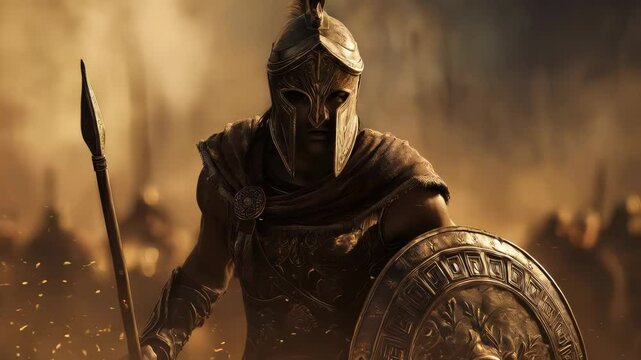 An ancient warrior is standing in armor holding a shield and spear on a battlefield with embers around.