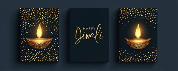 Happy Diwali luxury greeting cards set. India festival of lights holiday invitations templates collection with hand drawn lettering and gold diya lamps. Vector illustration. High quality
