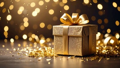 Golden gift box on dark surface