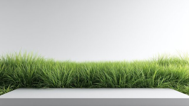 Wide-angle composition showing lush green grass in warm light, fading naturally into a flat white bottom plane designed for tabletop or standing product mockups