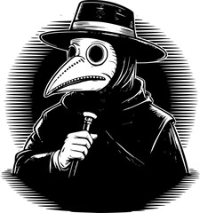 Vintage Plague Doctor T-Shirt Design – Black and White Illustration with Beaked Mask, Hat, and Cane – Retro Medical History Vector for Apparel and Print
