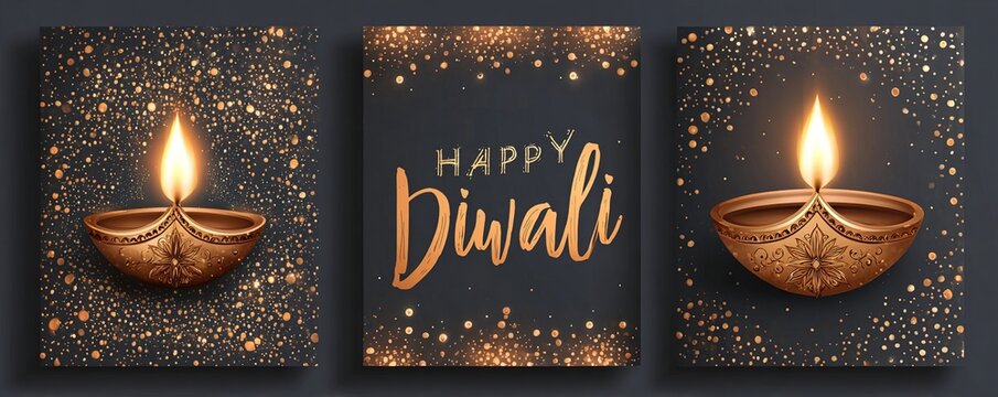 Happy Diwali luxury greeting cards set. India festival of lights holiday invitations templates collection with hand drawn lettering and gold diya lamps. Vector illustration. High quality
