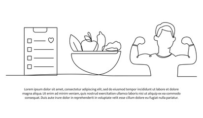 Continuous line design of healthy food data for muscle building. Single line decorative element drawn on white.