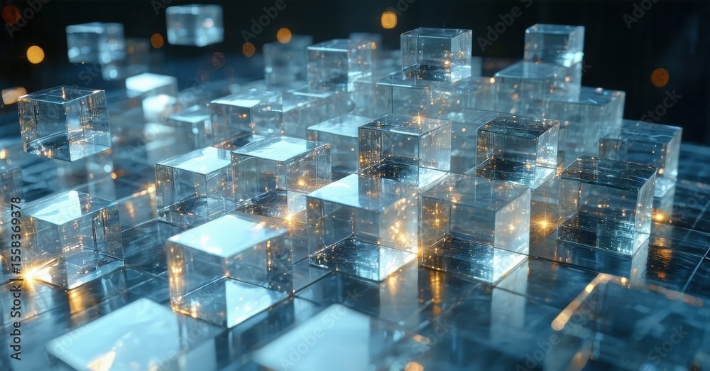 Aufkleber Abstract cubes form complex structure. Glowing particles illuminate translucent blocks, creating futuristic digital landscape. Dark background emphasizes light effects.