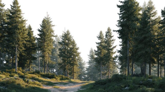 A CG forest clearing scene with volumetric golden-hour lighting, surrounded by tall trees, placed on a white background with copy space for branding