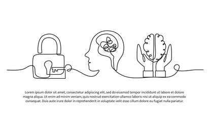 Continuous line design of problem solving solution in humans. Single line decorative element drawn on white.