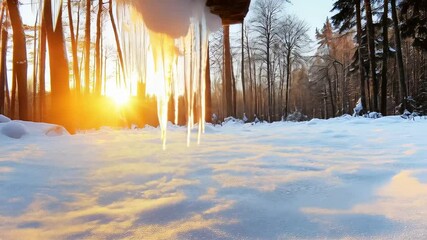 Glistening icicles dripping, sparkling with golden sunset hues over snow blanketed winter forest, melting softly at twilight - Powered by Adobe