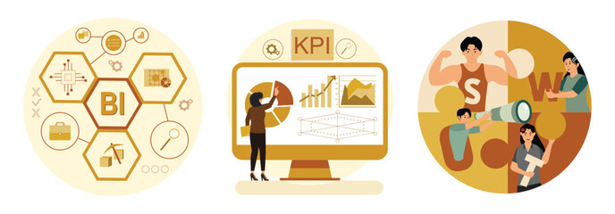 Business Intelligence Concept. Data and Key Performance Indicators. SWOT Analysis.