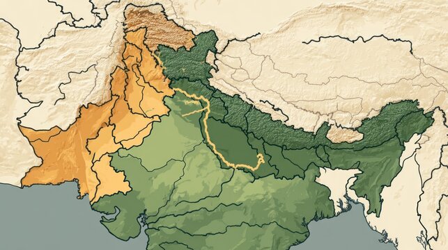 A clean, educational vector map highlighting India and Pakistan with the Line of Control (LoC) and disputed regions marked neutrally for geopolitical illustration purposes