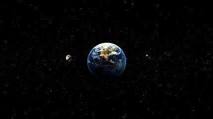 Fototapeta premium Rotating planet earth gliding through starry cosmos, lunar companion illuminating dark celestial expanse, revealing planetary beauty against infinite background