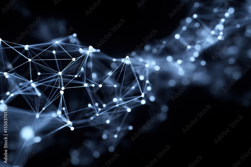Poster complex geometric shapes formed by a cybernetic data network in a dynamic digital space.