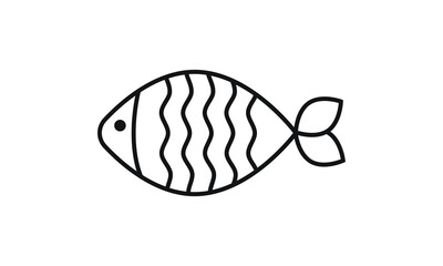 Fish icon with a black line on a white background. Minimalistic simple drawing of a sea, river fish. Scales, tail, head, swims, fishing with live bait, fishing, float, fishing rods, fisherman, fresh