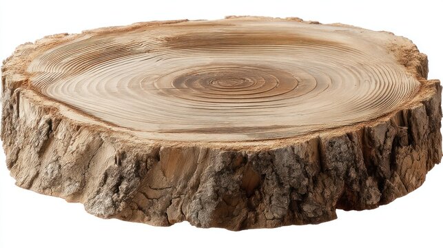 A horizontal tree stump or wood slice showing growth rings, isolated for eco, nature, or craft theme