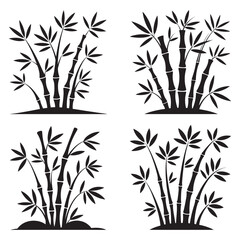 Four Stylized Black Bamboo Plant Groupings Silhouetted on White Background Asian Inspired Decorative Nature Element for Prints and More