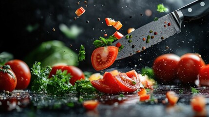 Dynamic Still Life of Sliced Tomatoes, Herbs, and Peppers Falling Around Sharp Knife