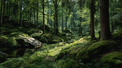Fototapeta premium A lush green forest captured during peak summer, with dense foliage, dappled sunlight, and a fresh, vibrant atmosphere suitable for health and wellness themes