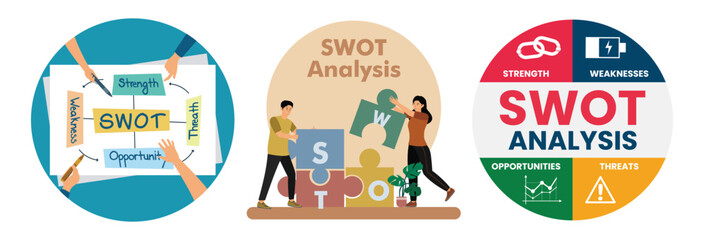 SWOT Marketing Branding Planning Strategy. Team Collaborating with Puzzle Pieces. SWOT Analysis.