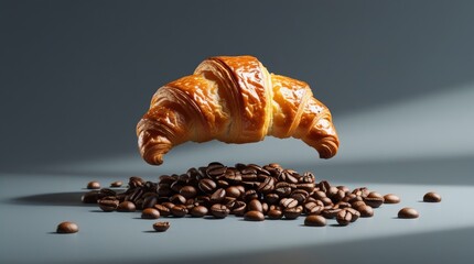 A delicate, flaky, golden-brown croissant levitates above a scattered pile of freshly roasted coffee beans