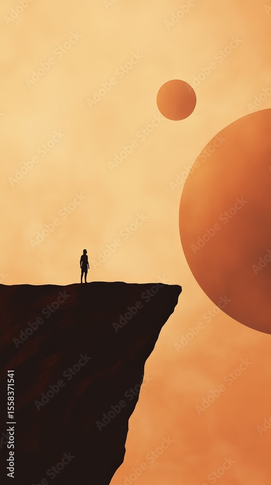 Poster Silhouette of an astronaut standing on the edge of a cliff, observing two large planets in the sky of an alien world, creating a sense of awe and wonder