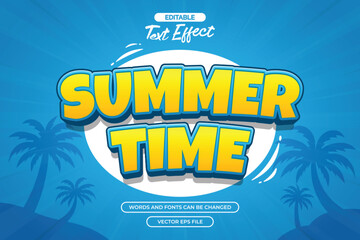 Obraz premium Summer time editable text effect with 3d cartoon text style and with coconut tree silhouette decoration