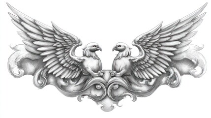 Obraz premium Elegant, symmetrical design of two birds with outstretched wings, positioned above a decorative scroll