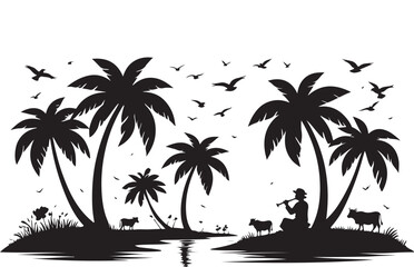 Tropical Island Palm Trees Silhouette with Cow Herd and Birds