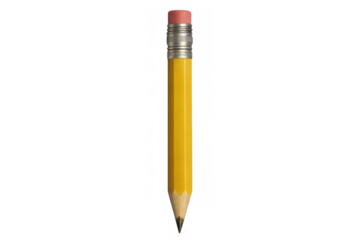 Yellow pencil featuring pink eraser, metal crimp, lying against clean transparent surface, prepared for sketching