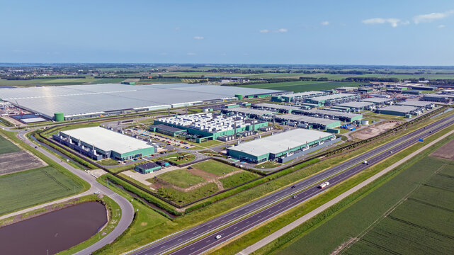Aerial from data center, big tech, cloud data, computing center, Middenmeer, in the Netherlands.