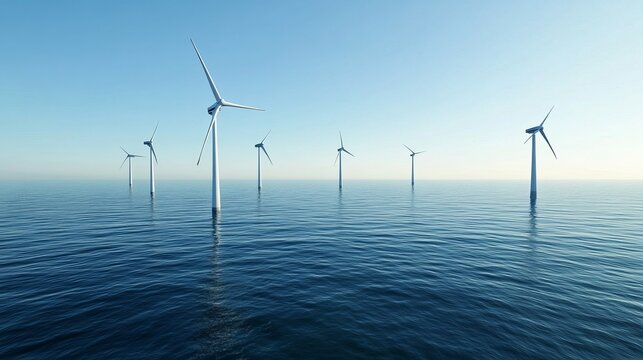 Offshore wind turbines generate clean energy in a calm sea under a clear blue sky (1) - Powered by Adobe