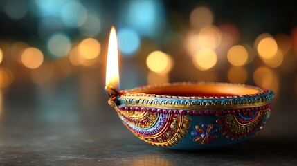 Colorful happy diwali diya oil lamp with flame festive bokeh lights copy space hindu festival celebration. High quality