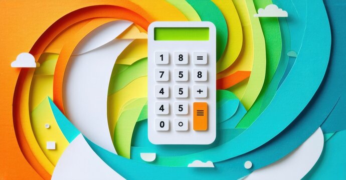 Colorful papercraft background features calculator. Bright rainbow waves, clouds create playful scene. Simple design, vibrant hues.