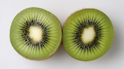 Fototapeta premium Close up of fresh ripe kiwi fruit sliced in half showing vibrant green flesh and black seeds, isolated on clean white background under soft light, healthy tropical food concept