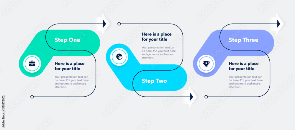 Poster Horizontal process flow chart with three colorful steps and a place for your text. Simple infographic design with icons and curved thin line for workflow layout, banner or web design.