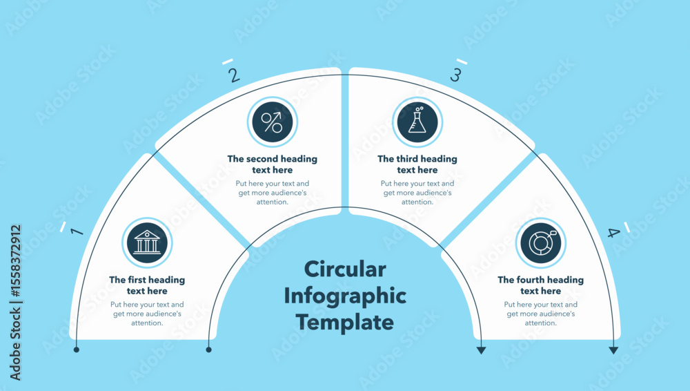 Poster circular infographic diagram divided into four stages - blue version. flat design with minimalistic 