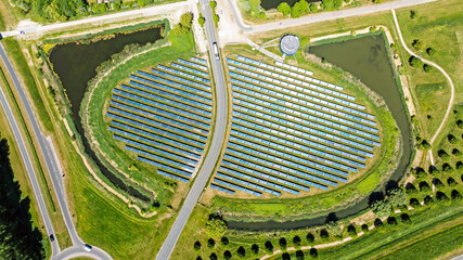 Aerial topshot from solar panels in a circle, called Sun island in Almere the Netherlands