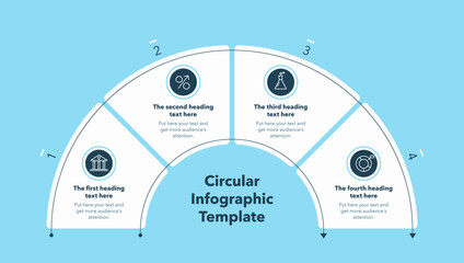 Circular infographic diagram divided into four stages - blue version. Flat design with minimalistic icons and place for your texts.