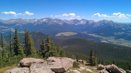Panoramic mountain vista showcasing a valley nestled amongst towering peaks under a vibrant blue sky dotted with fluffy clouds.  Forests and rocky outcrops fill the foreground
