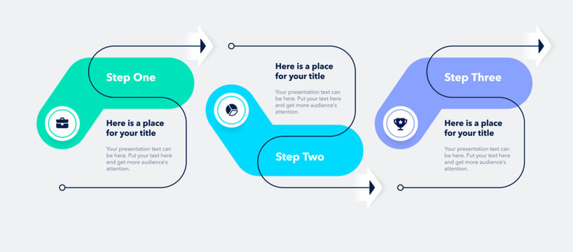 Horizontal process flow chart with three colorful steps and a place for your text. Simple infographic design with icons and curved thin line for workflow layout, banner or web design.