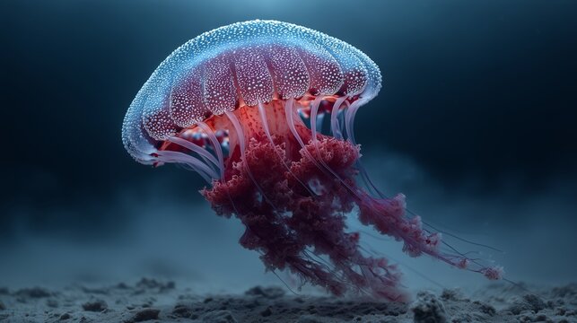 Medusa roja detallada nadando cerca del fondo marino, Primer plano de criatura marina gelatinosa con texturas rojas, Medusa ex&oacute;tica con tent&aacute;culos largos y cuerpo texturizado