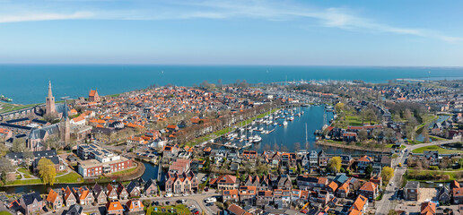 Aerial panorama from the historical town Medemblik at the IJsselmeer in the Netherlands