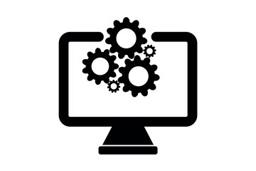 Computer icon with gears representing technical support, service, and troubleshooting for IT solutions, system maintenance and support icon