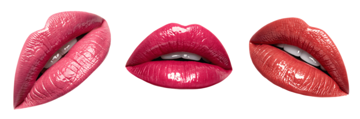 Set For Three glossy lips with pink and red makeup isolated on transparent background