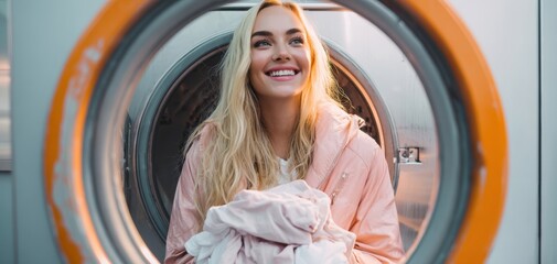 The joyful woman holding laundry inside a modern washing machine.