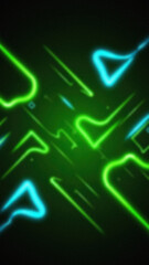 Abstract dark green background featuring blurred glowing neon lines and geometric shapes in green and blue colors