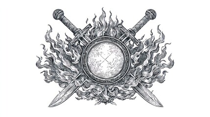 Ornate emblem of crossed swords and flames