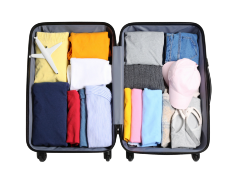 Open large polycarbonate suitcase showing packed clothes on white surface