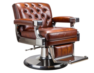 Vintage Leather Barber Chair with Chrome Base, front view, isolated on transparent background PNG
